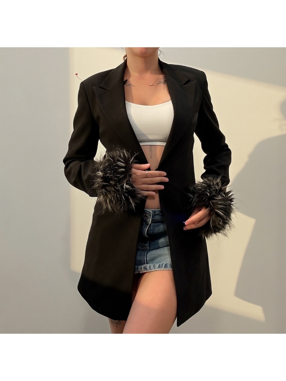 Vintage Georgiou Studio Black Faux Fur Cuff Blazer